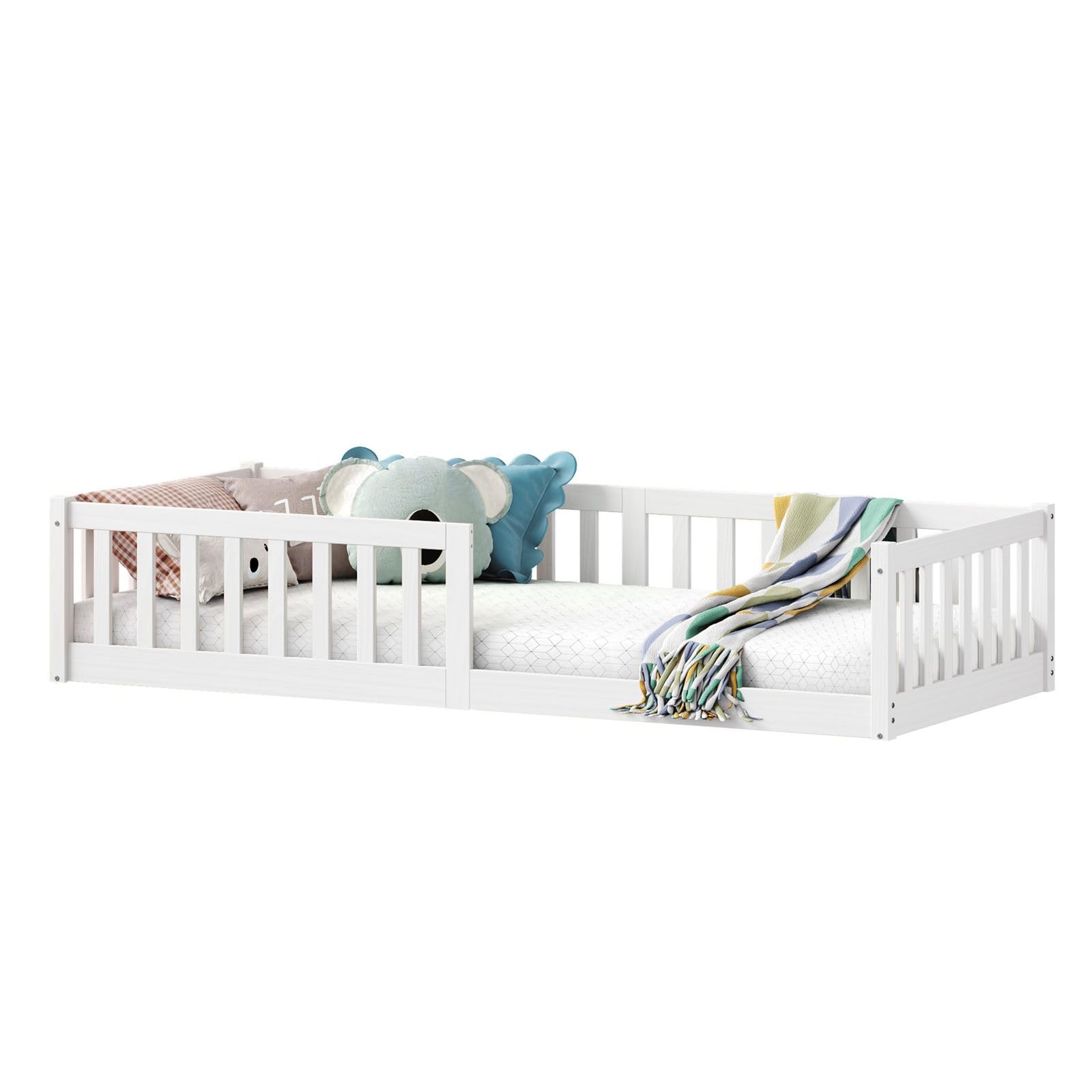 IDIMEX Lit Enfant Gustavo lit au Sol 90x200 cm d'inspiration Montessori, avec barrières de Protection, en pin Massif lasuré Blanc