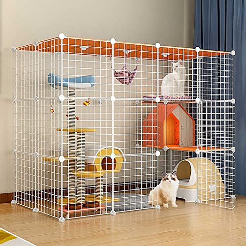 猫ケージ 大型猫ケージ 屋内猫囲い、猫小屋フェレットケージ 取り外し可能な金属製ペット犬用エクササイズフェンス ハンモック付き、組み立て簡単、ブラック/ホワイト、6サイズ(ホワイト 144x74x109cm)