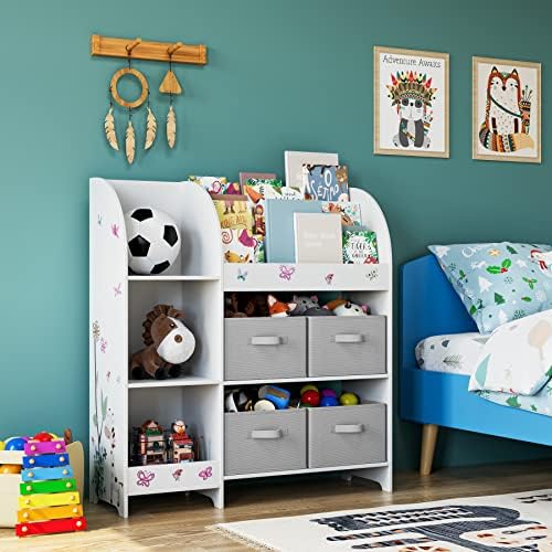 HOCSOK Kids Toy Storage Unit, Children's Toy Box Organiser with 4 Non-woven Fabric Bin, Large Bookshelf Rack Cabinet for Nursery, Kindergarten, Playroom, White
