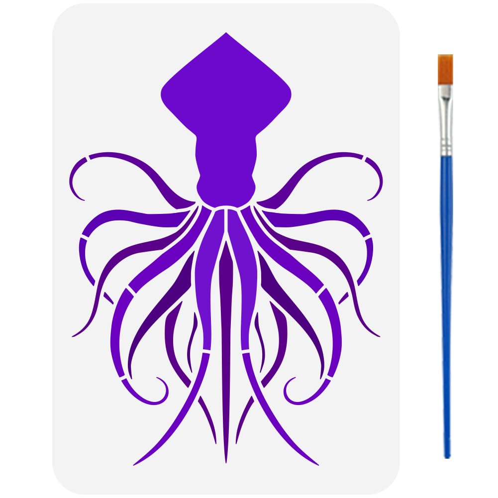 FINGERINSPIRE Siren Octopus Painting Template with Brush 29.7x21cm Giant Octopus Template Marine Animal Theme Painting Stencil Octopus Silhouette Painting Stencils Reusable DIY Art Craft Stencil