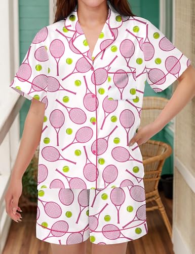 Image of SHESHOW Pajamas for Women Set Satin Button Down Short Sleeve Top and Shorts Pjs Sets Sport Ball Print Sleepwear XS-XXL