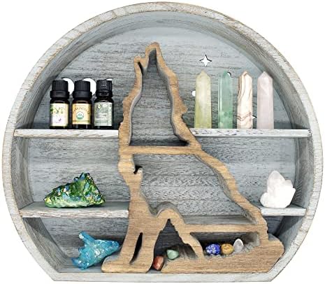 WonderMar Wolf Shelf for Crystals - Crescent Moon Shelf for Rocks, Oils, Plants - Crystal Shelf Display for Wall Decor or Tabletop - Floating Moon Shelves for Cabins, Boho, Rustic, Farmhouse - (Grey)