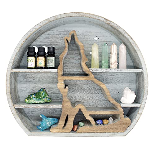 Wondermar Wolf Shelf For Crystals - Crescent Moon Shelf For Rocks, Oils, Plants - Crystal Shelf Display For Wall Decor Or Tabletop - Floating Moon Shelves For Cabins, Boho, Rustic, Farmhouse - (Grey) #TOP22