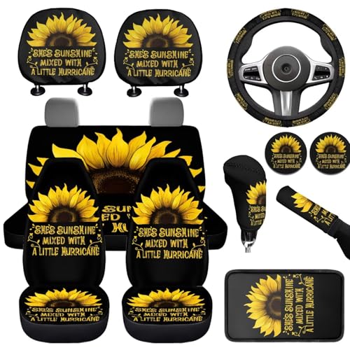 WUYOJUXA Sunflower Print Car Seat Covers Full Set for Front and Rear 12 Pack Auto Interior Accessories Seat Steering Wheel Cover Armrest Cushion Headrest Covers for SUV Truck Sedan