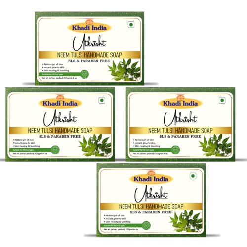Image of Khadi Neem Tulsi Handmade Bathing Soap Bar 125g (Pack of 4) | Natural Deodorizer & Herbal Soap | Removing Dirt & Impurities | Deep Cleansing for Glowing & Brightening Skin | All Skin Types