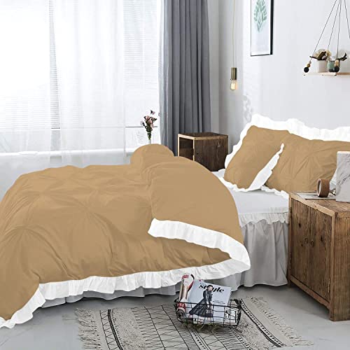 Image of 300 TC Pinch Ruffle 2 Tone Duvet /Razai /Blanket Cover with 2 Pillow Cover- 100% Cotton (Zipper Closure) Razai Cover 3 PC Set, Soft & Lightweight-Queen Size White /Taupe