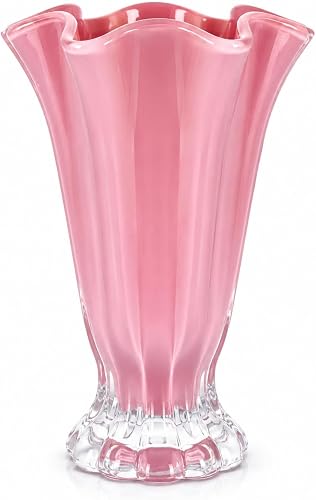 Thanksgiving Christmas Fluted Trumpet Glass Vase, Hand Blown Wide Mouth for Tulips Sunflowers Peonies, Modern Boho Farmhouse Centerpiece for Dining Table Entryway Home Decor Housewarming Gift (Pink)
