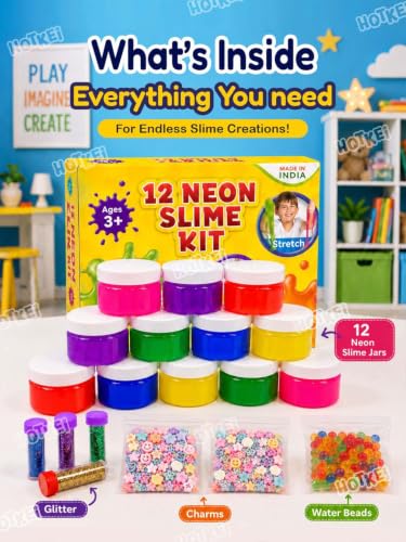 Image of HOTKEI (12 Neon Slime kit) DIY Neon Colored Fruit Scented Slimy Gel Jelly Set Kit Air Dry Magical Crystal Clay Putty Toy Kit for Girls Boys Kids Slime with Glitter| Stars | Color Beads Set
