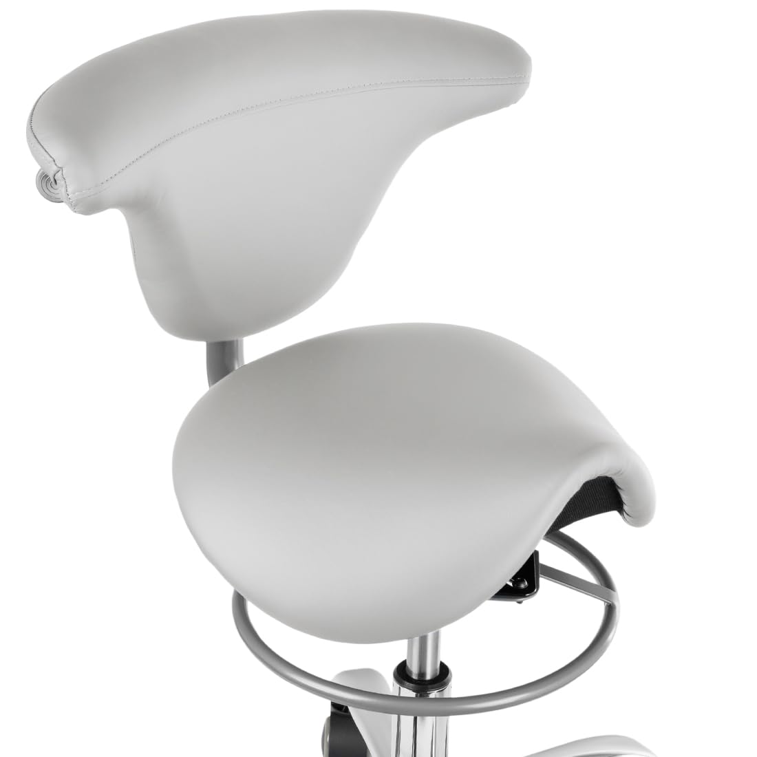 Spacetronik Tabouret de Selle Ergonomique avec Dossier Réglable – Siège Pivotant à 360° Indépendant – Hauteur Réglable 49–58 cm – Tabouret Professionnel à roulettes pour Bureau, Salon, Spa (Blanc)