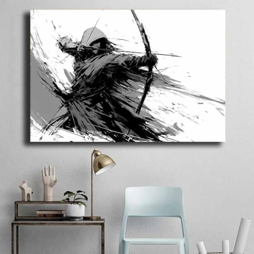 Tableau noir et blanc monochrome archer à capuchon déco salon 70x100cm - 4