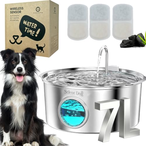 Selene Dog Water Fountain 4L/135ozc/1g 7L/236ozc/1.8g Dog Water Fountain Stainless Steel Whisper Quiet & Easy to Clean & Multi-Filtration
