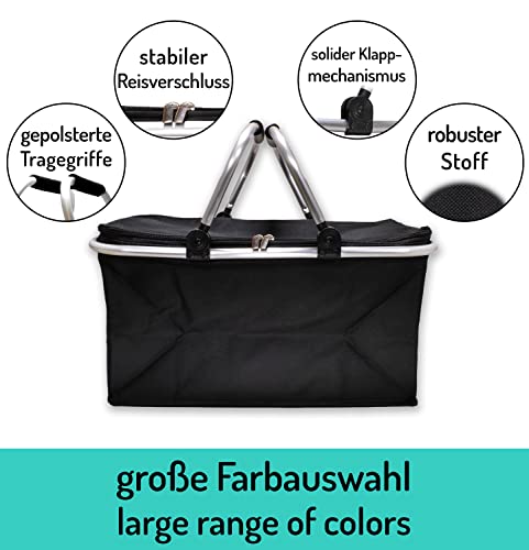e-Best Faltbarer Einkaufskorb 25L - Ideal für den Wocheneinkauf mit gepolsterten Tragegriffen & Reißverschluss am Deckel, leicht klappbar & kompakt, 10kg belastbar, Faltkorb als Picknickkorb