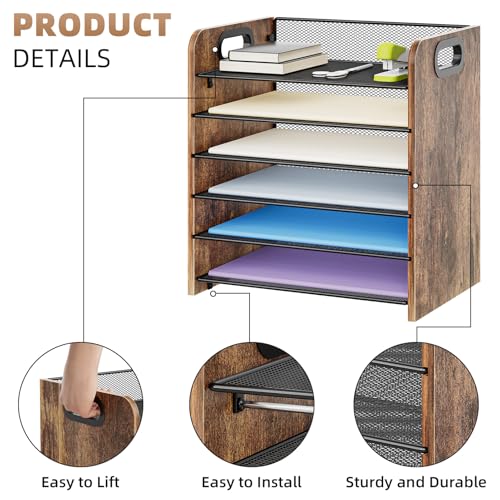 Image of Marbrasse 6 Tier Paper Organizer Letter Tray - Wooden Desk File Organizer with Handle, Paper Sorter Organizer for Letter /A4 Office File Folder Holder
