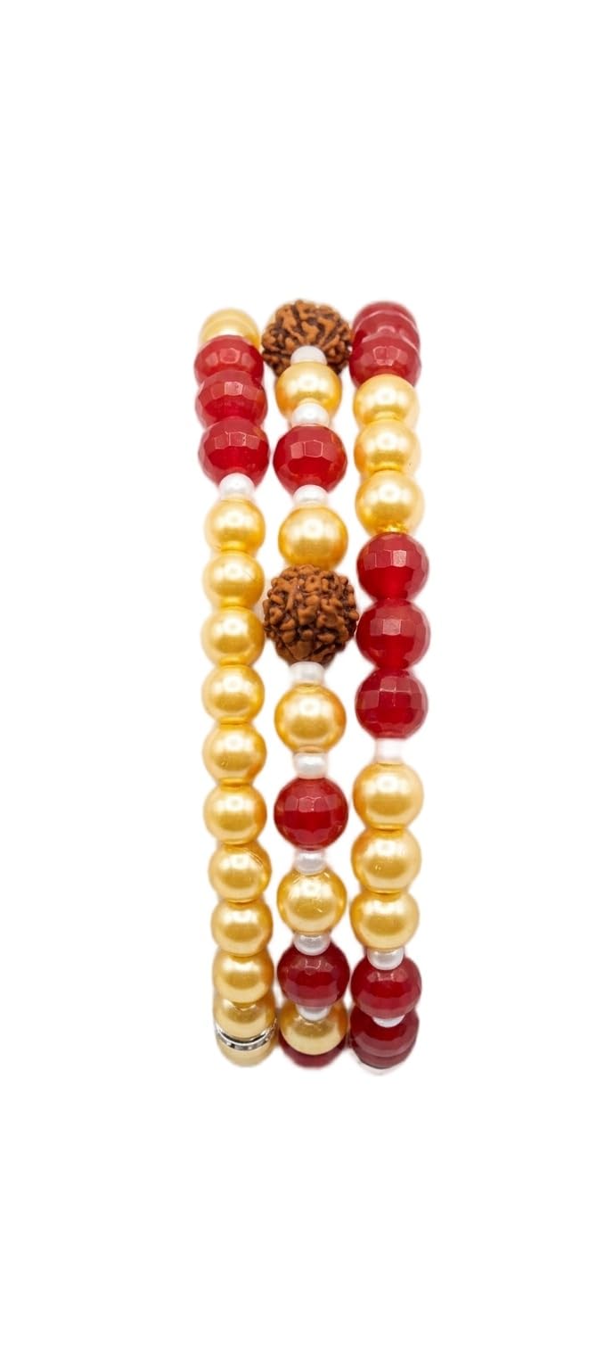 New and Trendy THREE Fold Pattern Rakhi with Gold Pearl, Red Crystal and Rudraksha Beads-image-25