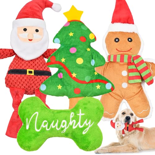 LECHONG Christmas Dog Toys, 4 Pack Value Bundle Plush Dog Squeaky Toys Assortment as for Puppy, Medium, Large Dogs