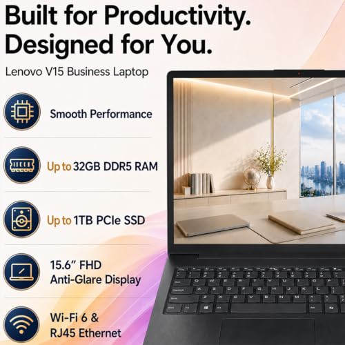 Image of Lenovo 2026 V15 Slim Laptop | 15.6 inch FHD Display | Efficient Intel Quad-Core Processor | 16GB DDR5 RAM | 512GB SSD | Wi-Fi 6 | Ethernet(RJ45) | Long Battery Life | Win 11 Pro | MS 365 for the Web