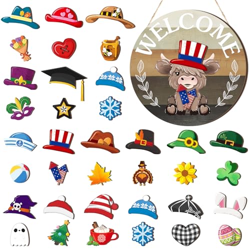 35 Pcs Holiday Interchangeable Highland Cow Welcome Sign Highland Cow Seasonal Wooden Hanging Door Decor Patriotic Farmhouse Hanging Sign for Front Door Graduation Party Decoration(Light Brown)