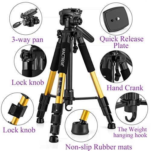 Image of MACTREM M-PT55-Bk PT55 Travel Camera Tripod Lightweight Aluminum for DSLR SLR Canon Nikon Sony Olympus DV with Carry Bag -11 Lbs(5Kg) Load (Gold)
