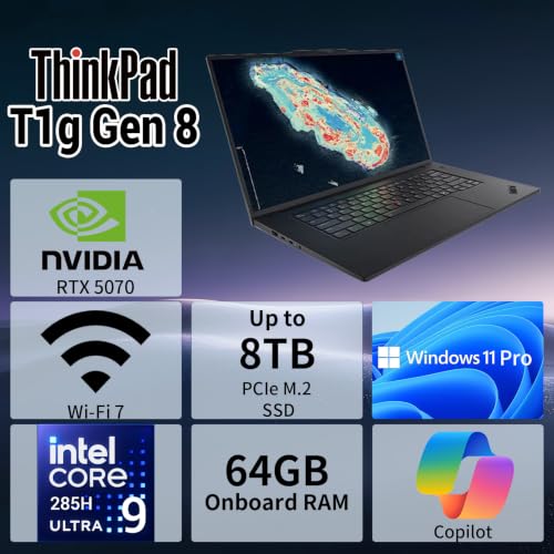 Image of Lenovo ThinkPad T1g 5070 Gaming Business AI Laptop, Intel Core Ultra 9 285H, RTX 5070, 16 inch Touchscreen 3.2K 120Hz, 64GB RAM, 2TB SSD, Fingerprint Reader, Backlit KB, Wi-Fi 7, Win 11 Pro, w /Bundle