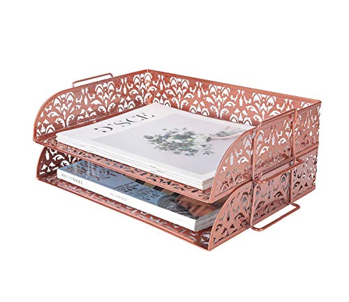 PAG 2 Tier Desktop File Organizer Metal Stackable Letter Tray Paper Holder Rack for Desk, Rose Gold