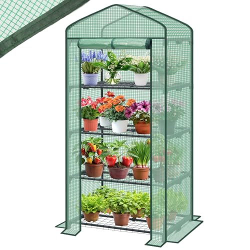 Sekey Mini Tomatengewächshaus mit 4 Regalböden, Folie Gewächshaus Klein Tomatenhaus Balkon Garten, Kleines Foliengewächshaus Stabil 160*70*50 cm, Grün