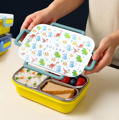 SOLARA Premium Stainless Steel Lunch Box for Kids, with 3 Compartments, Leak Proof, Steel Tiffin Box for School Boys/Girls, BPA-Free & Food Safe, Ideal for Meals & Snacks, Dino