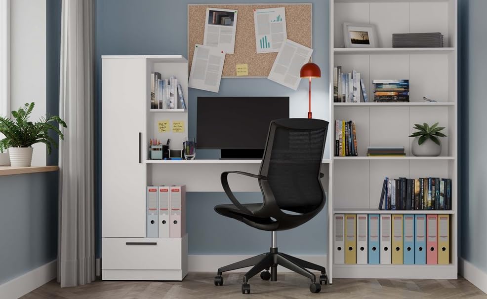 BDW Cosmo Scrivania con mensole, larghezza 143 cm, altezza 140 cm, profondità 50 cm, scaffale integrato con porta, cassetto, asilo nido, ufficio, adolescenti, bianco