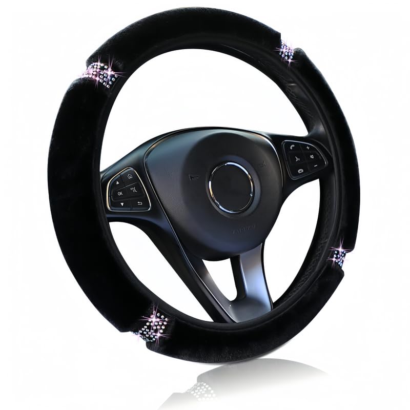 Photo 1 of Luxury Wool Rhinestone Steering Wheel Cover - Dazzling Rhinestone Embellishment, Fits 14.5-15 Inch Steering Wheels, Luxury Car Interior Decor Accessory Suitable for Women and Girls(Black)