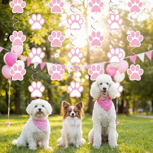 Image of Weecent 24 Pcs Dog Paw Prints Themed Party Hanging Swirl Pink White Puppy Birthday Decorations Banners Paw Prints Ceiling Streamers for Pets Birthday Baby Shower Party Favors Supplies