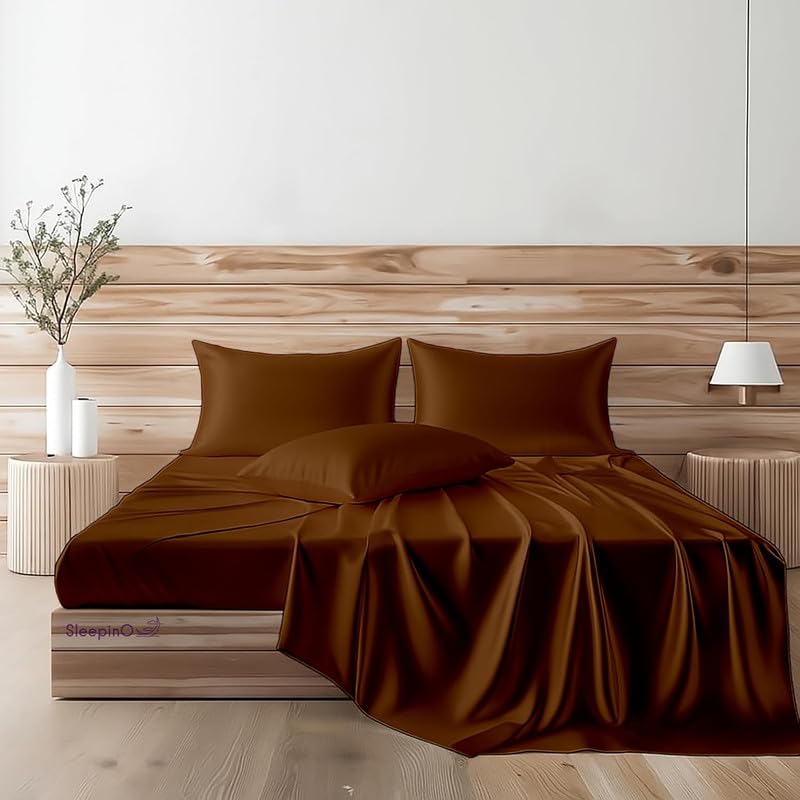 Image of Premium Satin Double Bed (90x100 Inchs) with 2 Pillow Cover Bedsheet Ultra Soft & Silky Smooth, Breathable Cooling Fabric, Luxury Glossy Finish|Chocolate