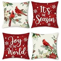 4 Federe Per Cuscini Natalizie 45x45 Cm - Rosse Con Motivi Fiocco Di Neve, Renna E Albero In Stile Francese, In Cotone E Lino, Per Divano E Arredo Casa - 2