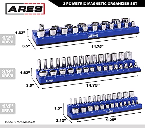 Image of ARES 60036-3-Piece Set Metric Magnetic Socket Organizer - Blue - Includes 1 /4 in, 3 /8 in, 1 /2 in Socket Holders - 75 Pieces of Standard (Shallow) and Deep Sockets - Keeps Your Tool Box Organized