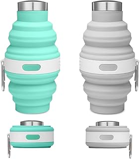 Faltbare Trinkflasche, 2 Stück Faltbare Wasserflasche mit Karabiner 475ml BPA Frei Lecksicher Wiederverwendbare Silikon Trinkflasche für Outdoor, Reise, Wandern, Fitness