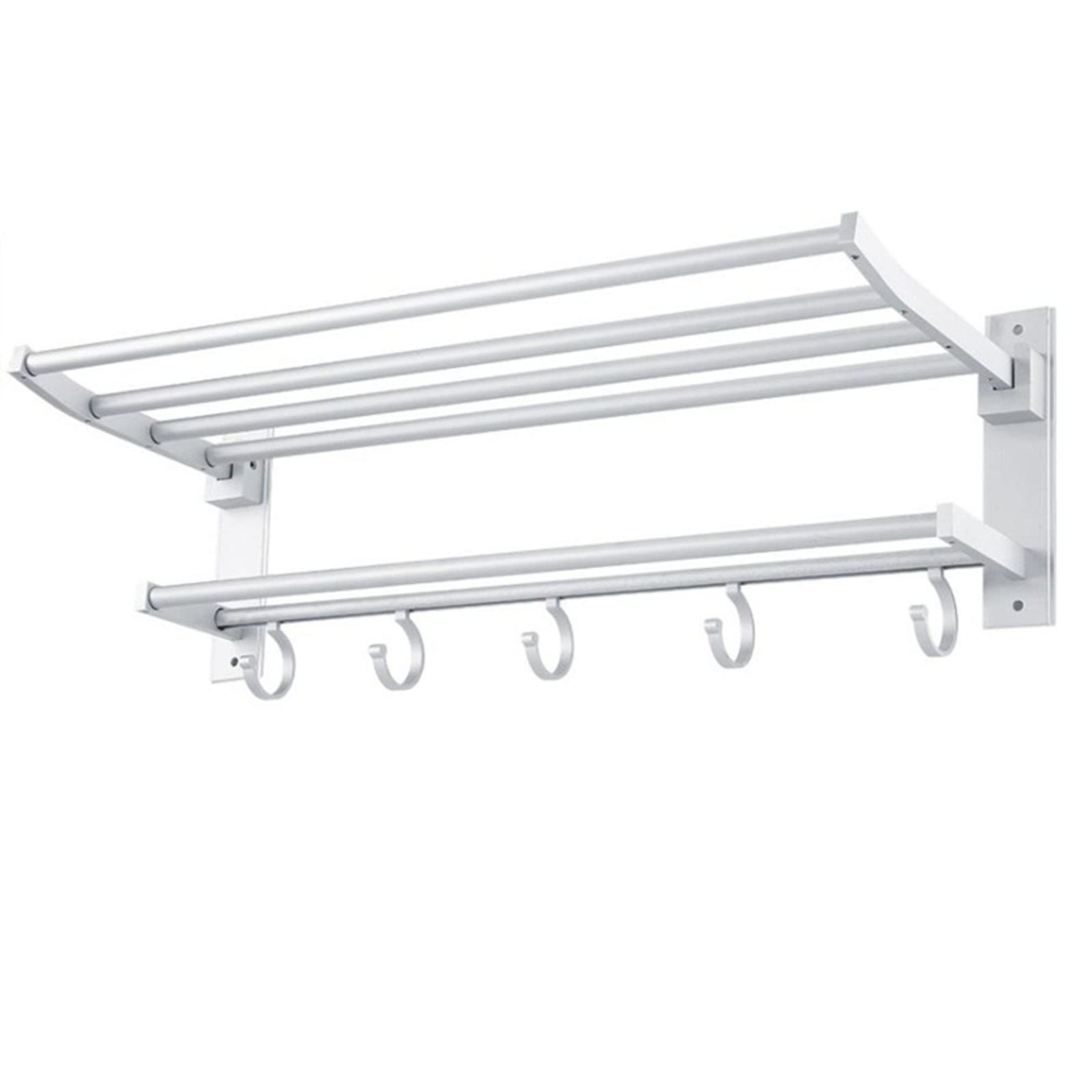 Porte-serviette en aluminium argent à 2 couches et pliable pour salle de bain 60x16x21cm