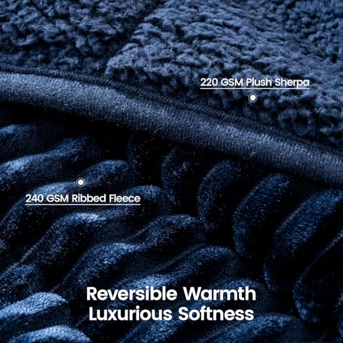 Image of Sherpa Fleece Weighted Blanket with Ribbed Stripes for Adults, 17 lbs Dual Sided Cozy Warm Blanket for Couch Full Size Bed, Glass Beads Heavy Thick Blankets Great for Sleep, Navy Blue, 60 inch x 80 inch