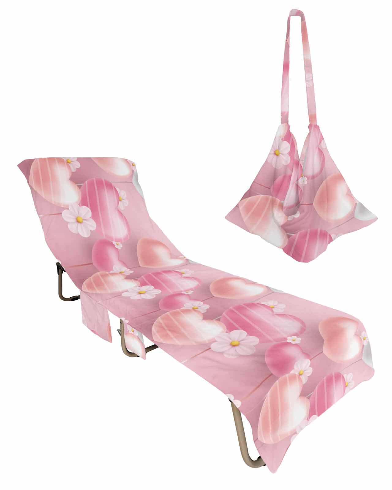 Pink Mother's Day Beach Lounge Chair Towel Cover, Soft Chaise Lounge Towel with Side Pockets Patio Pool Chairs Cover for Beach/Pool Sunbathing 29x85 Pink Ombre Love Heart