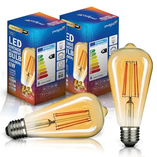 Pixelights LED Vintage Edison Bulb 6W E27 ST64 Golden 2700K Warm White 2Years Warranty Antique Style Retro 600Lumens 25000Hr Long Life CE (Pack of 2)