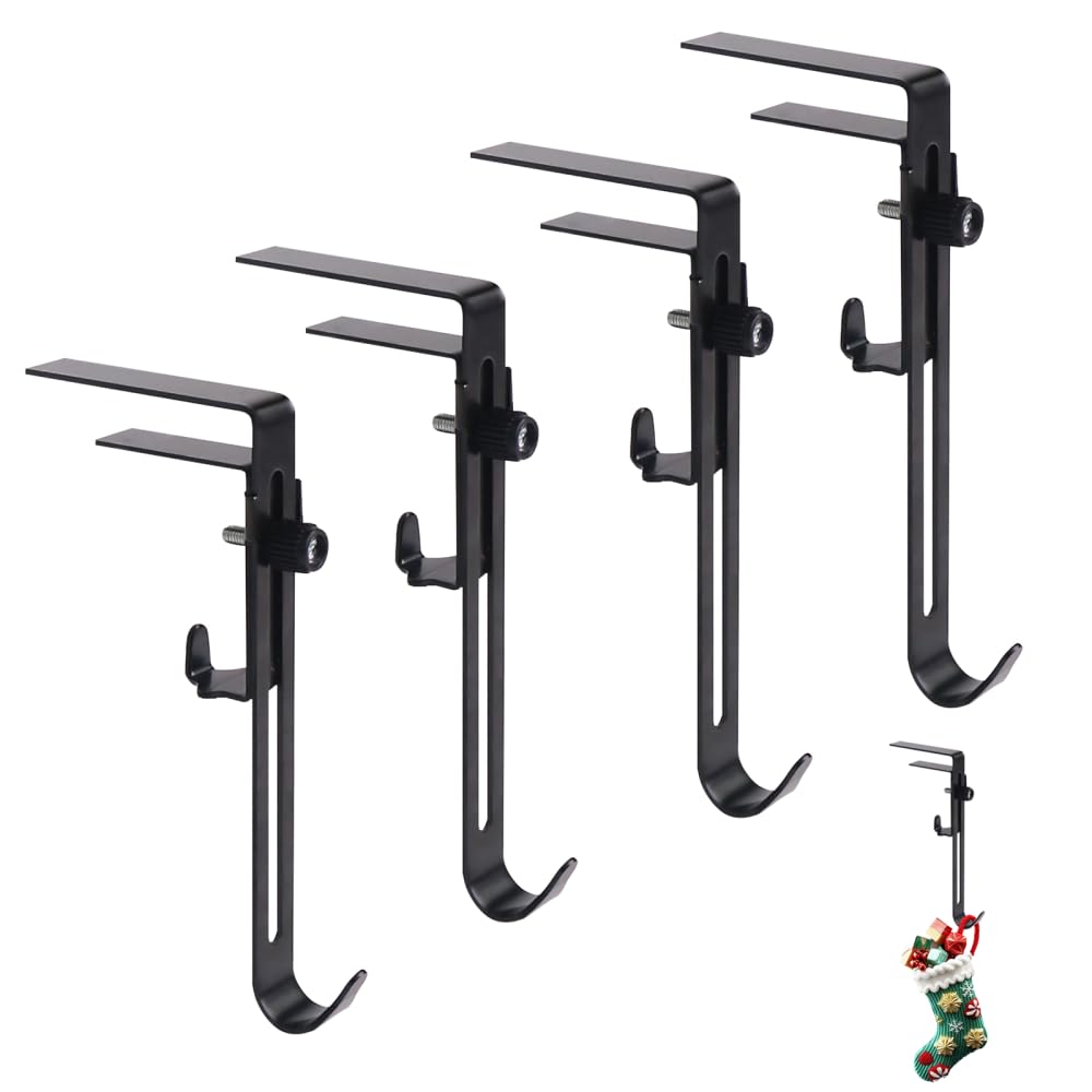 Mioyoow 4Pcs Garland And Stocking Holders, Adjustable Christmas Stocking Hangers, 2 In 1 Heavy Duty Fireplace Hooks For Mantle Holiday Decorations