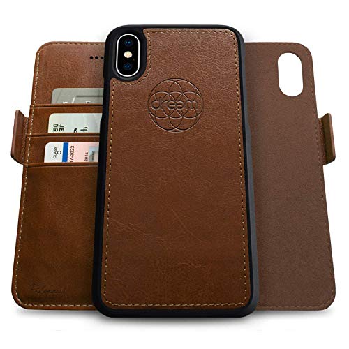 Image of dreem Fibonacci 2-in-1 Wallet Case for Apple iPhone Xs Max - Luxury Vegan Leather, Magnetic Detachable Shockproof Phone Case, RFID Card Protection, 2-Way Flip Stand - Chocolate