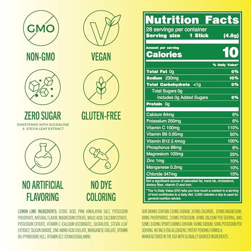 Image of TREVI Electrolytes Powder Packets, Sugar Free Hydration Lemon Lime 28 Count | Essential Daily Drink Mix, 0 Sugar, Magnesium, Potassium, Vitamin C, Calcium, B6 & B12 Vitamins