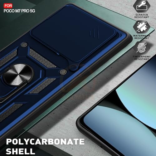 Image of Armor Bumper Back Cover Case for Poco M7 Pro 5G | Rotating Camera Cover, Ring Holder & Kickstand | Heavy Duty & 360 Degree Protection Poco M7 Pro 5G Back Cover (Blue)