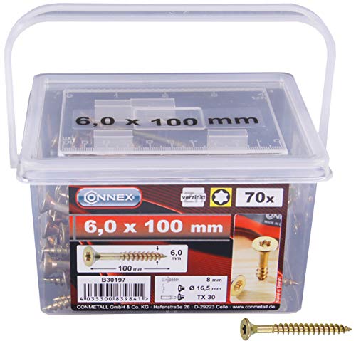 Connex B30197 Vis universelles à tête fraisée avec empreinte étoile TX pour panneaux de particules 6,0 x 100 mm 85 pièces Jaune