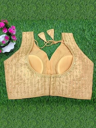 Image of TRENDMALLS Women's Dhupion Silk Embroidery Sequence Work V Neck Sleeveless Blouse Choli Stylish Saree Blouse Ready to Wear