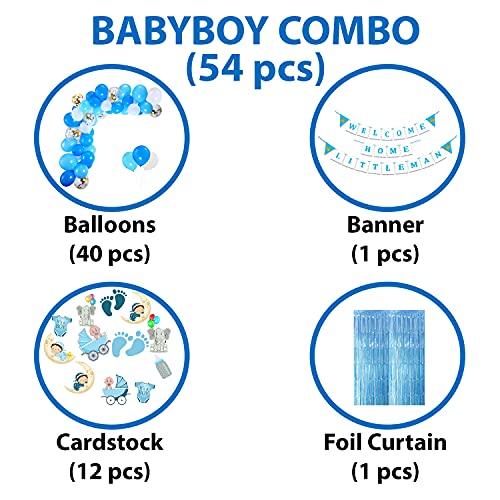 Image of Party Propz Blue Theme Welcome Home Baby Decoration - 54Pcs Combo Baby Boy Welcome Home Decoration Kit, Cutouts for Decoration with Banner, Blue Balloons and Fringe Curtain