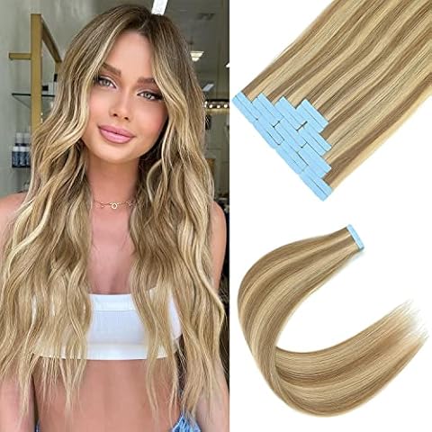 Tape in Human Hair Extensions Blonde 20Pcs 50g/pack Thick Straight Seamless Skin Weft 100% Real Natural Remy Hair Extensions(P10/16 16Inch) Cover