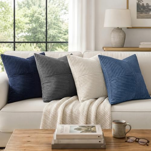 Image of MIULEE Navy Blue Decorative Throw Pillow Covers 18x18 Inch for Couch Bed Sofa Pack of 2 Boho Farmhouse Throw Pillows Soft Cross Corduroy Patchwork Textured Cushion Cases
