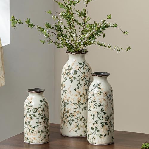 Image of Ceramic Flower Vases Set of 3 | Green Rustic Farmhouse Vase Set for Home Decor, Vintage Floral Decorative Vase for Living Room & Kitchen, Mantel & Bookshelf, Centerpieces, Entryway(5.9+7.9+9.9Inch)