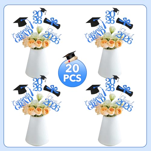 Image of Graduation Decorations 2026, 20 PCS Sparkling Black and Blue Double-Sided Centerpiece Sticks for Tables, Class of 2026 Table Toppers and Party Supplies