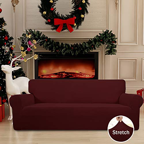 Image of Easy-Going Stretch Oversized Sofa Slipcover 1-Piece Sofa Cover Furniture Protector Couch Soft with Elastic Bottom for Kids, Polyester Spandex Jacquard Fabric Small Checks Wine