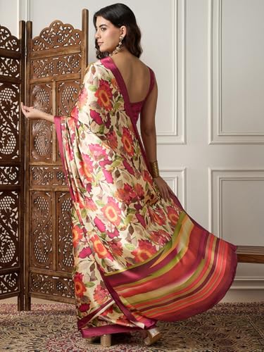 Image of AKHILAM Women's Multicolor Satin Silk Floral Printed Saree With Unstitched Blouse (SATIN1403 RJ11 Parent)